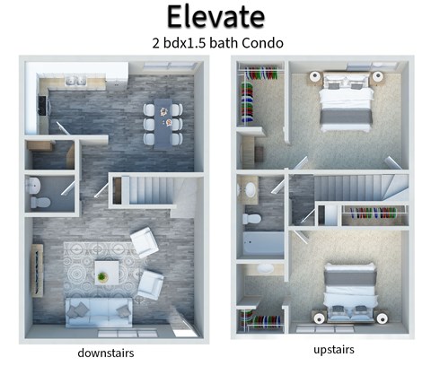A diagram of an apartment layout with two bedrooms and a bathroom.
